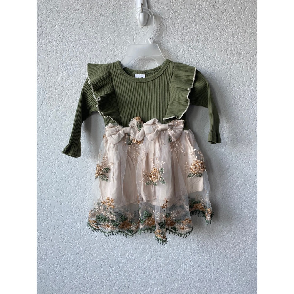 Unbranded Baby Girl Embroidered Floral Tulle Cottagecore Dress Size 6-9M Green